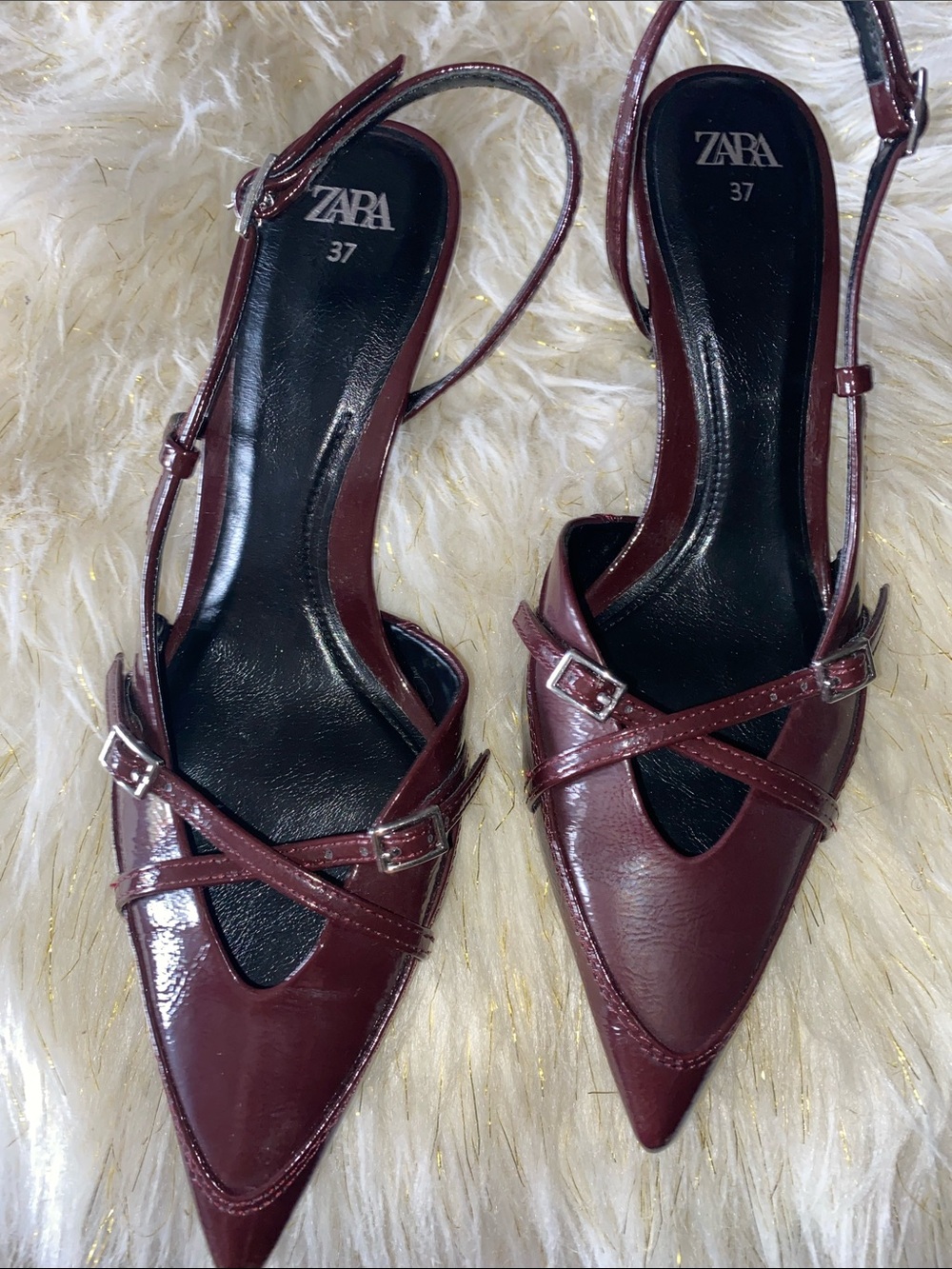 ZARA Burgundy Pointed Crisscross Slingback Heels